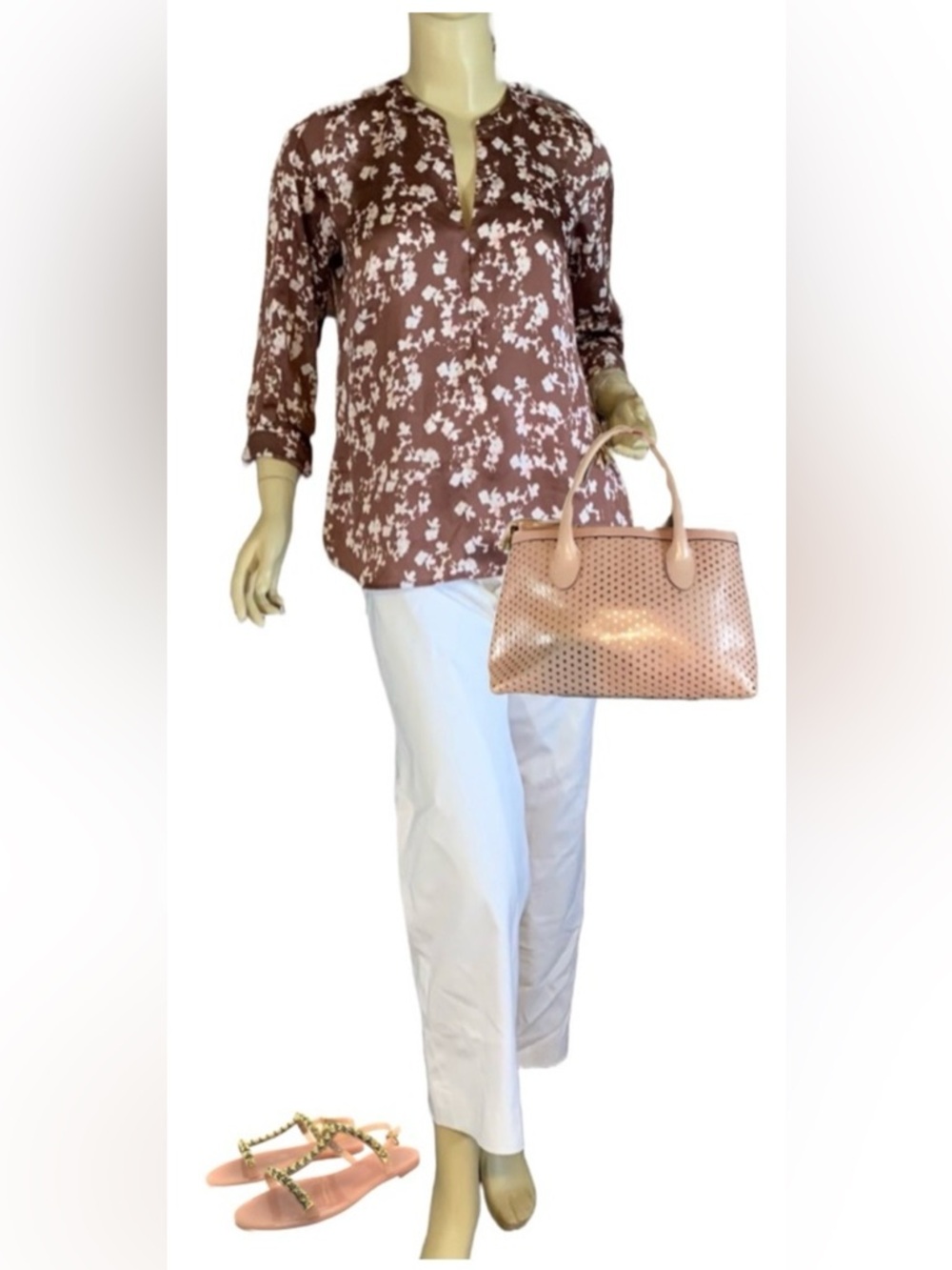 THE LIMITED BROWN AND PINK FLORAL PRINT SATIN 3/4 SLEEVE TUNIC (S)